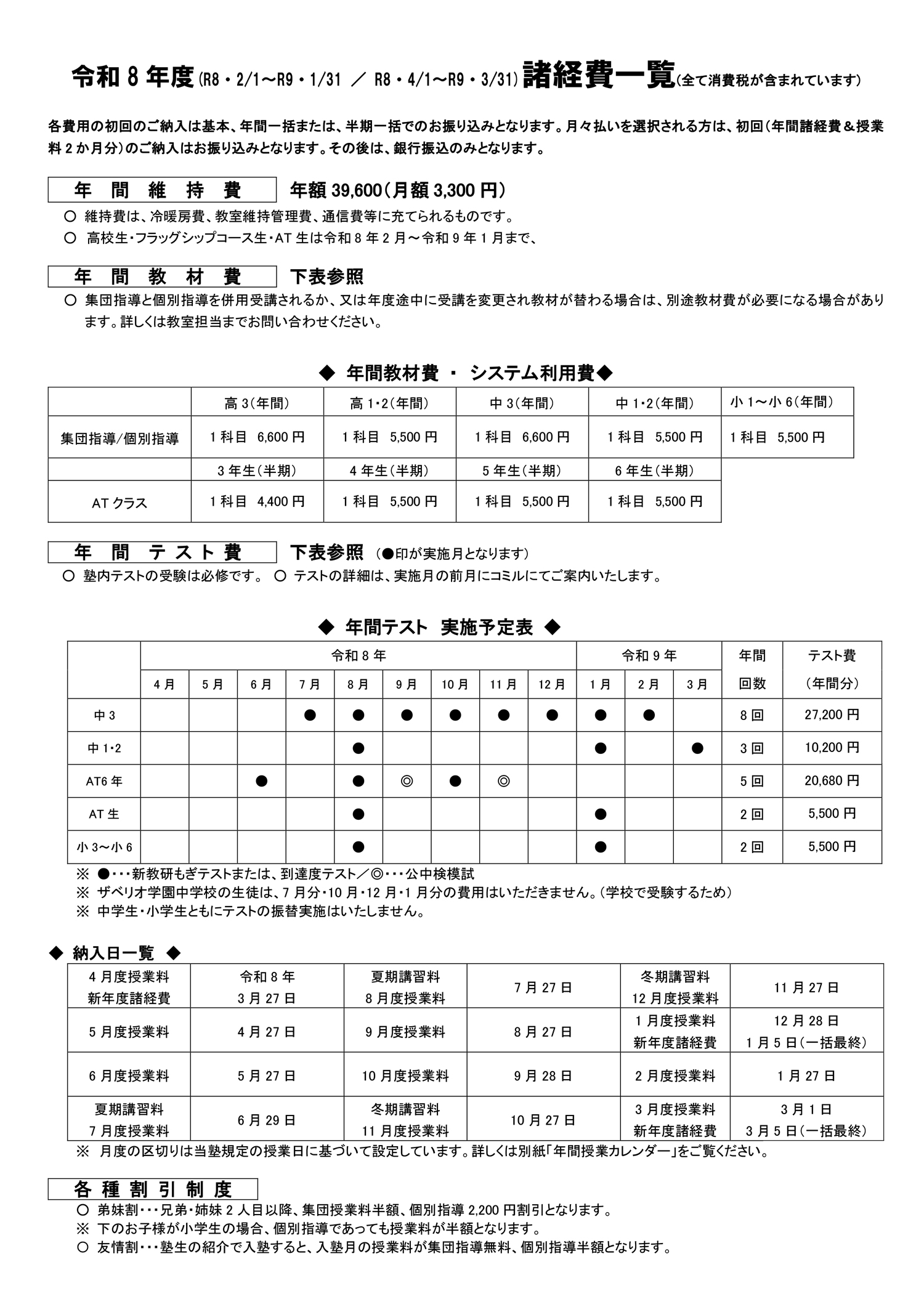 令和8年度 諸経費一覧